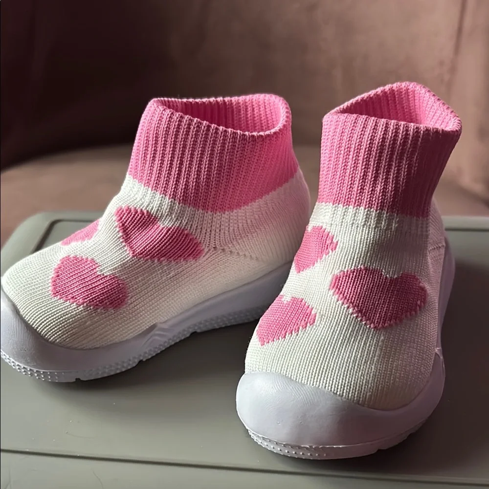 Pink and White Kids Slip-On Shoes with Heart Design